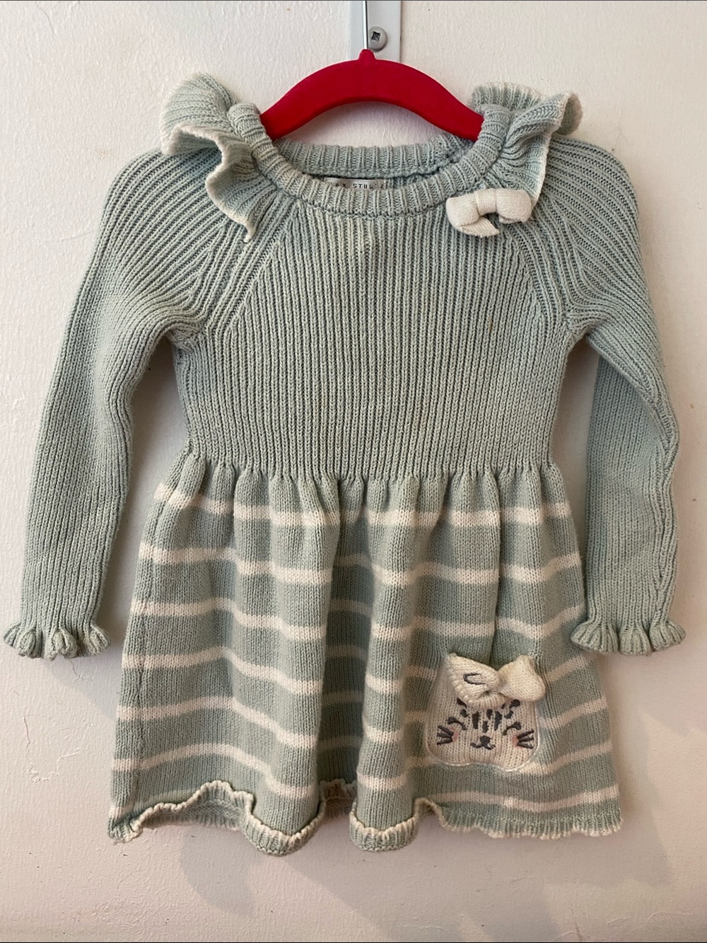 Max Studio Sage and Cream Striped Knit Dress with Bow Accent